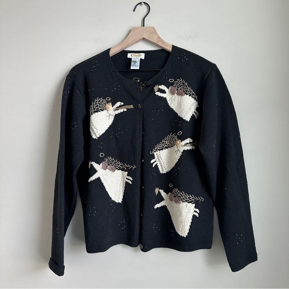 Talbots Petites L Black Angel Embroidered Beaded Christmas Cardigan Sweater